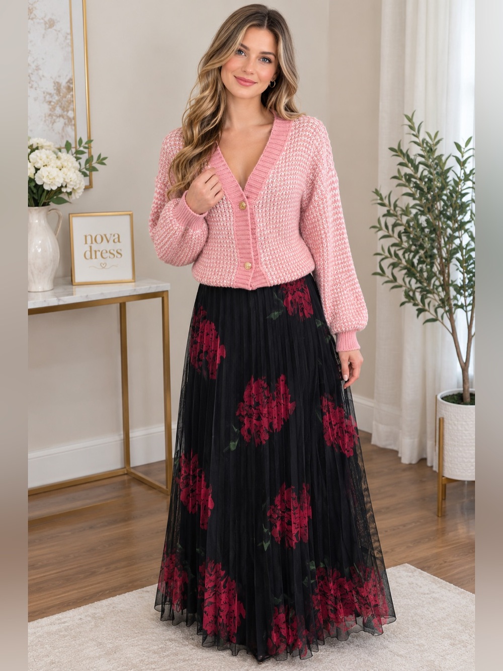 Pink Knit V-Neck Sweater Cardigan with Black Floral Maxi Skirt